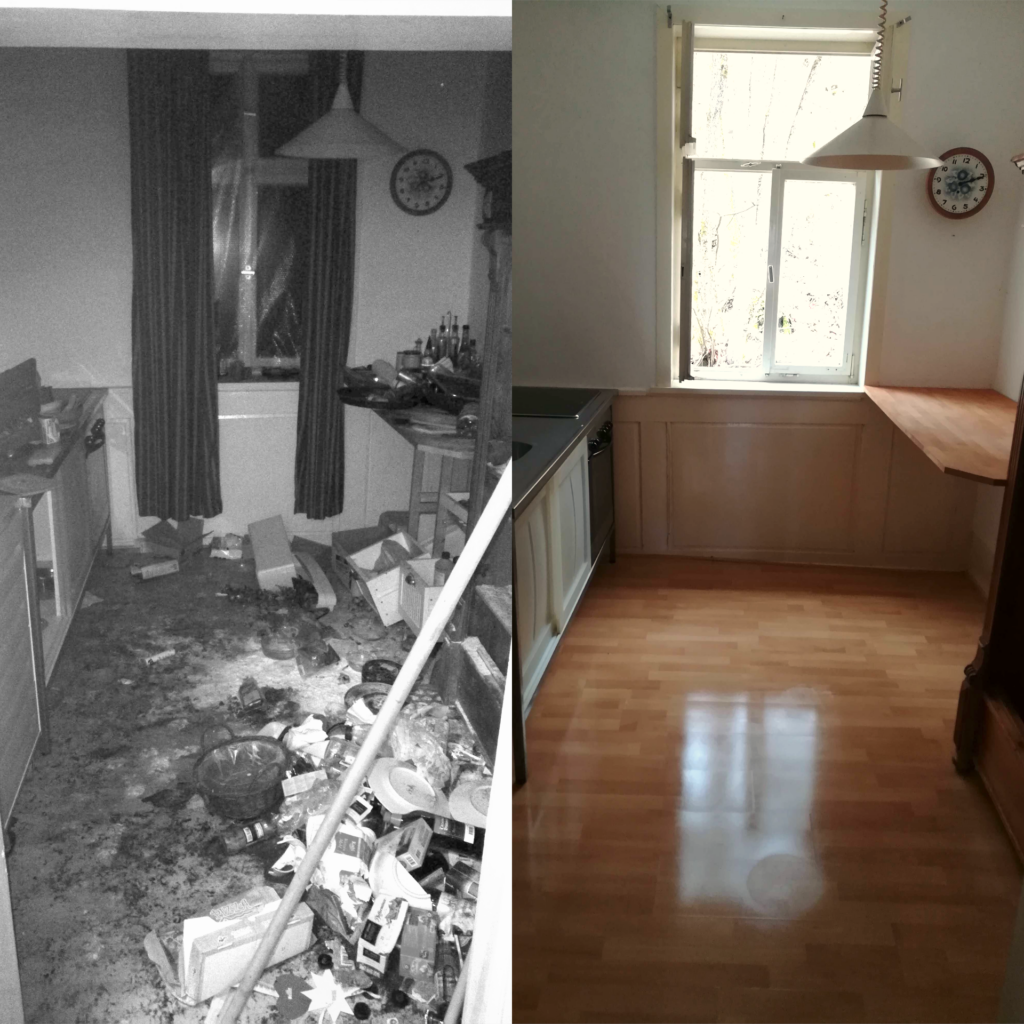 Zweimal ein Bild einer Küche, die auf dem linken Bild durch säckeweisen Müll nicht als solche zu erkennen ist und rechts sauber glänzt.