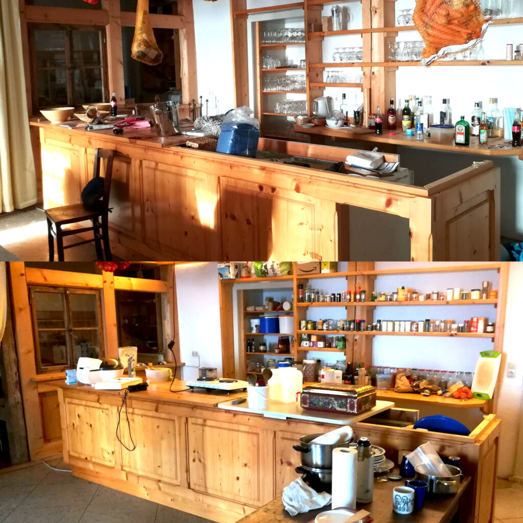Zwei Bilder desselben Raums; oben ist die helle Holztheke noch dreckig und voller Alkoholgläser und geöffneter Spirituosen-Flaschen, unten ist erkennbar, dass wir bereits eine improvisierte Küche daraus gemacht haben.